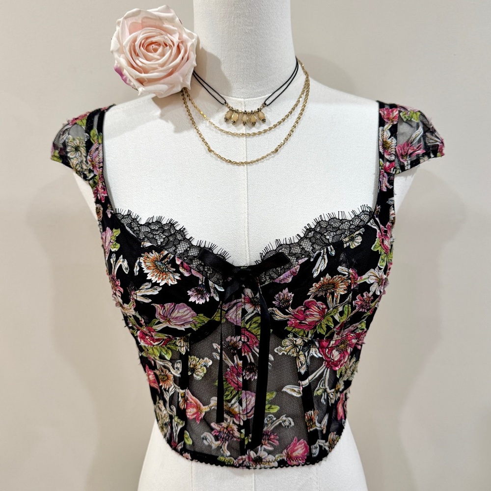 Victorias Secret Dream Angels Sheer Black Floral Corset Crop Top Bustier 34B S/M